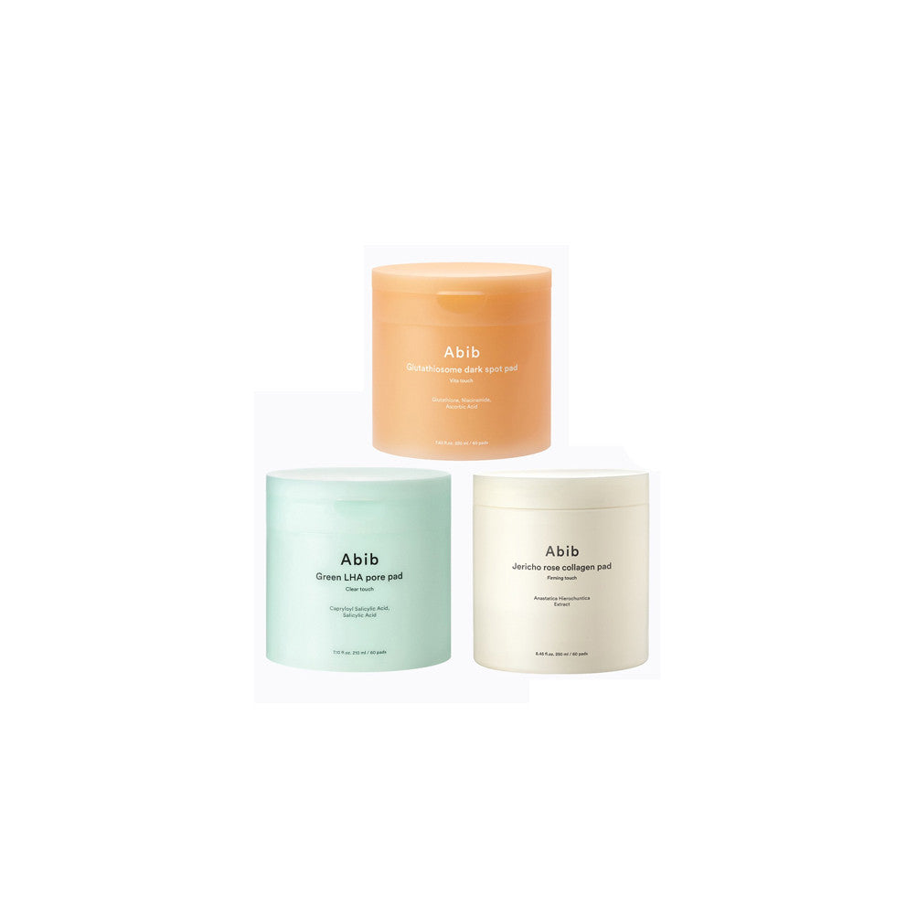 Abib Glutathiosome dark spot pad/Green LHA pore pad/Jericho rose collagen pad 60pads